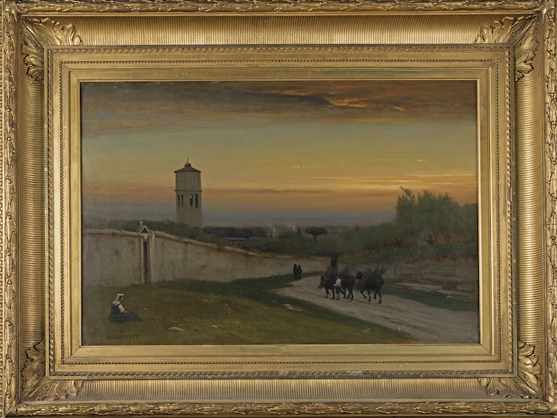 George Inness' "Twilight" painting depicting a woman sitting on a grassy hill watching mules and workers pass on a road running along a wall as the sun sets behind a church bell tower.
